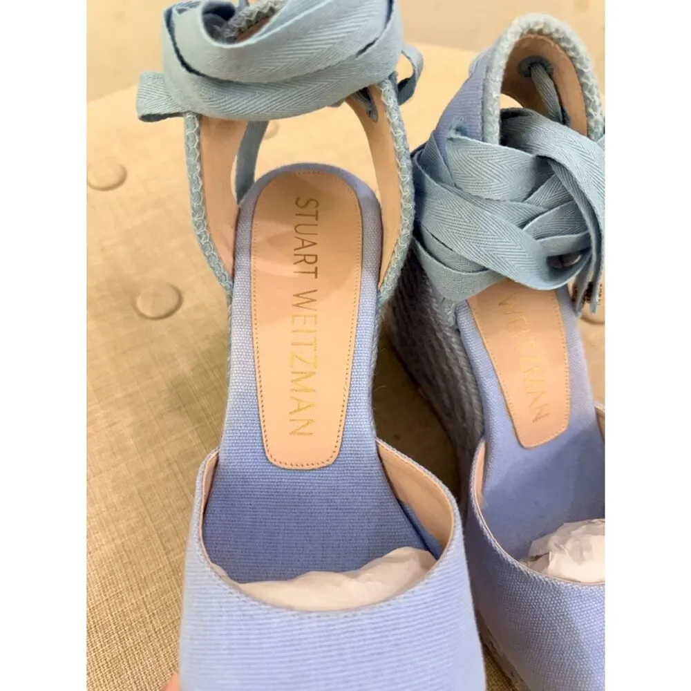 Stuart Weitzman Light Blue Espadrille Wedge Ankle-Tie Sandals - Picture 5 of 12